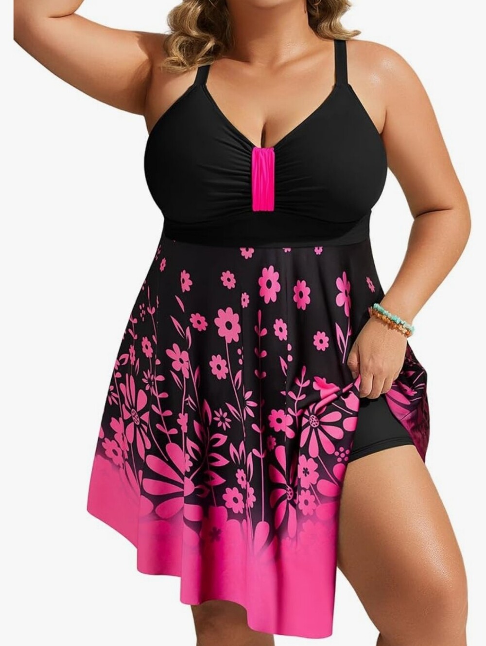 Plus Size Black & Pink Floral Tankini Swim Dress